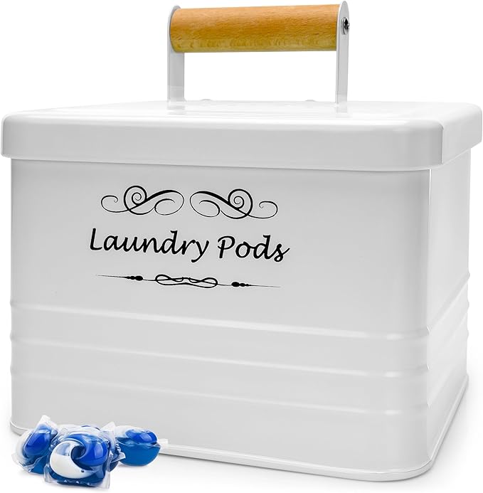 ELITAPRO Laundry Pods Container, Modern Farmhouse Laundry Pods Holder, Metal Box Dispenser with Lid, Laundry Room Decor and Accessories