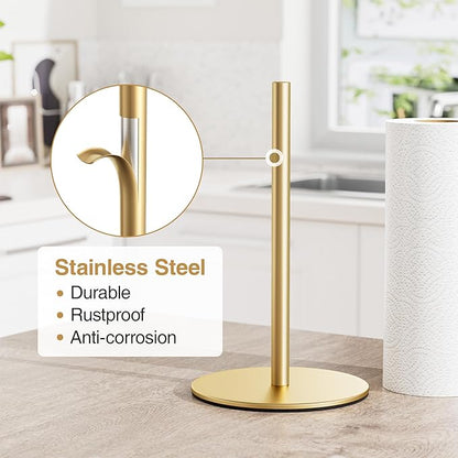 Gold Free-Standing Paper Towel Holder, Premium Stainless Steel Towel Holder for Rolls Organizer, Classic Fashion Roll Dispenser for Kitchen