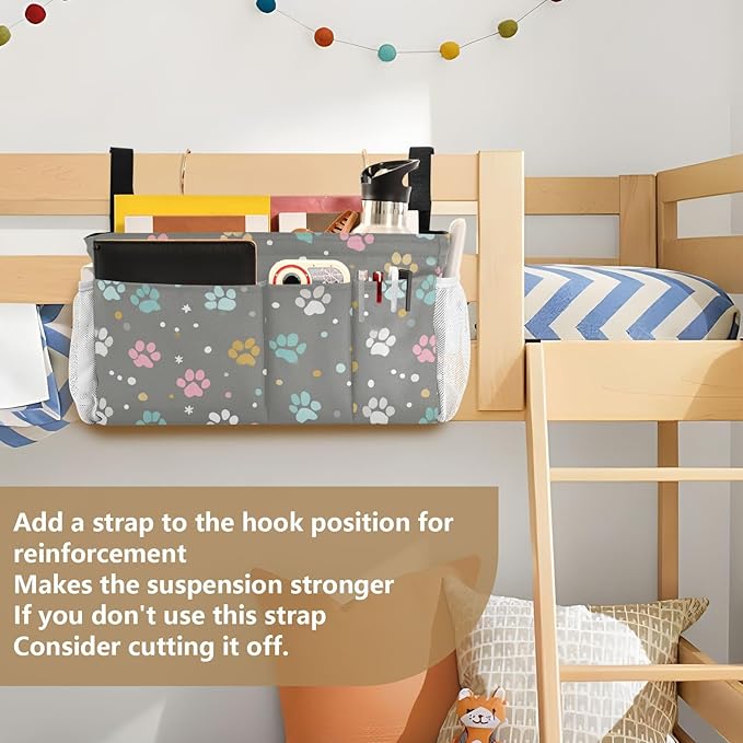 CuwrYet Bedside Caddy Hanging Bunk Bed Caddy Bed Organizer Hanging Pocket with 2 Hooks Bedside Storage Organizer Pocket Bag Holder Paw Print Dots Stars Grey