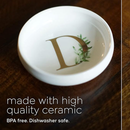 Cedar & Ink Monogrammed Jewelry Tray - Trinket Dish with Gold Ring Holder - Personalized D in White
