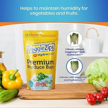 Bluapple VeggieZips Premium Produce Storage System - 20 Piece Set, 10 Food Saver Bags + 10 HydroLiners, Keep Produce Fresh Longer, Washable & Reusable Bags with Humidity Control for Fruit & Vegetables