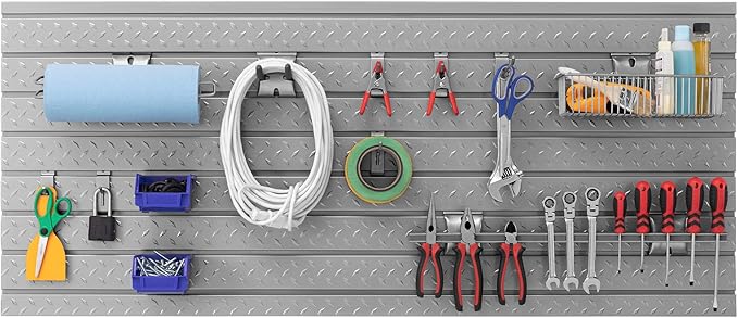 NewAge Products Pro Series 56-Inch x 24.5-Inch Diamond Plate Silver Slatwall Backsplash, Heavy Duty Steel Garage Wall Organizers, 51713