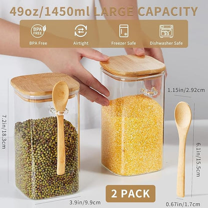 Unbreakable Glass Jars with Airtight Bamboo Lid and Spoon, 4Pcs 49OZ Glass Kitchen Canisters, Overnight Oats Containers, Glass Food Storage Containers for Coffee Beans, Flour, Sugar, Cookie,Pasta