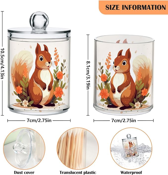 MNSRUU 4 Pack Qtip Holder Organizer Dispenser Cute Squirrel Pink Bathroom Storage Canister Cotton Ball Holder Bathroom Containers for Cotton Swabs/Pads/Floss