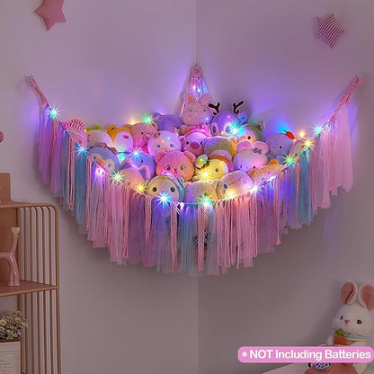 FIOBEE Stuffed Animals Net or Hammock with LED Light, Toy Hammock Hanging Stuffed Animals Storage Organizer Holder Room Décor for Nursery Kids Bedroom