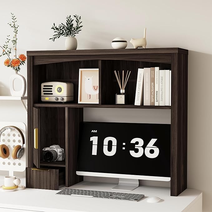 Desktop Shelf, Wooden Desk Hutch with Storage, Desktop Bookshelf with Cabinet and Drawer, Office Desk Organizer, Space-Saving Organization, Over Desk Storage Shelves for Home, Dorm, Walnut