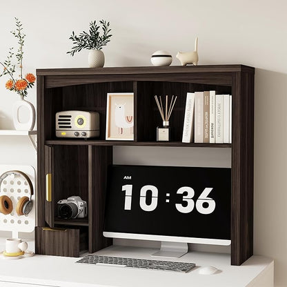 Desktop Shelf, Wooden Desk Hutch with Storage, Desktop Bookshelf with Cabinet and Drawer, Office Desk Organizer, Space-Saving Organization, Over Desk Storage Shelves for Home, Dorm, Walnut