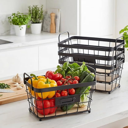 4 Pcs Black Metal Wire Pantry Storage Baskets with Wood Bottoms Small Wire Basket 8.8 x 5 x 5 Inch Farmhouse Decoration Metal Pantry Storage Organizing Caddy Bin Baskets for Bathroom Kitchen