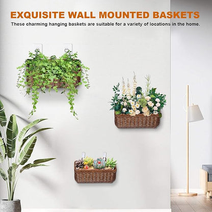 3 PCS Wall Mounted Woven Basket, Boho Kitchen Hanging Basket, Wall-Mounted Planters Holder With Hooks, Storage Boxes For Home Decor, Porche, Indoor And Outdoor, Cafe, And Offices(Brown-Set)