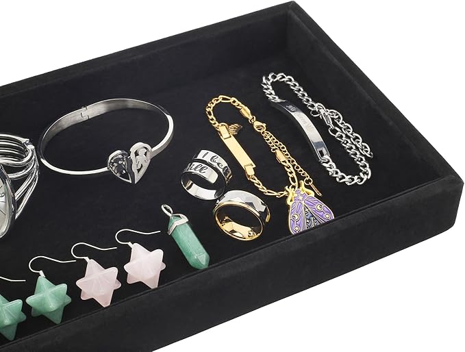 Mornajina 2 Pcs 9" x 5.7" Velvet Jewelry Tray Jewelry Display Tray, Stackable Empty Plate Trays for Earrings Necklaces Bracelet Rings Display Showcase - Black