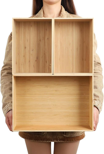 3-Piece Large Bamboo Storage Box Set, 7.1 in High Stackable Deep-Drawer Organizer for Kitchen Cutlery, Utensils & Knives, Exquisite and Durable Lidless Wooden Bin (14.6"x10.2x7.1"*1+10.2"x7.3"x3"*2)