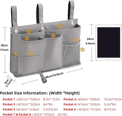 gedamari Bedside Organizer, Durable Bunk Bed Caddy, Multi-Pocket Hanging Storage Bag for College Dorm, Home, Hospital and Baby Stroller, Easy Installation, Metal Rivets Added, Oxford Fabric(Gray)