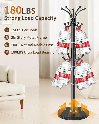 EZIVIEZ Modern Coat Rack Stand, 360° Rotary Metal Freestanding Coat Rack with Natural Marble Base, Black Coat Racks and Coat Hanger Tree Jacket Stand with 14 Hooks for Office, Entryway, Hallway