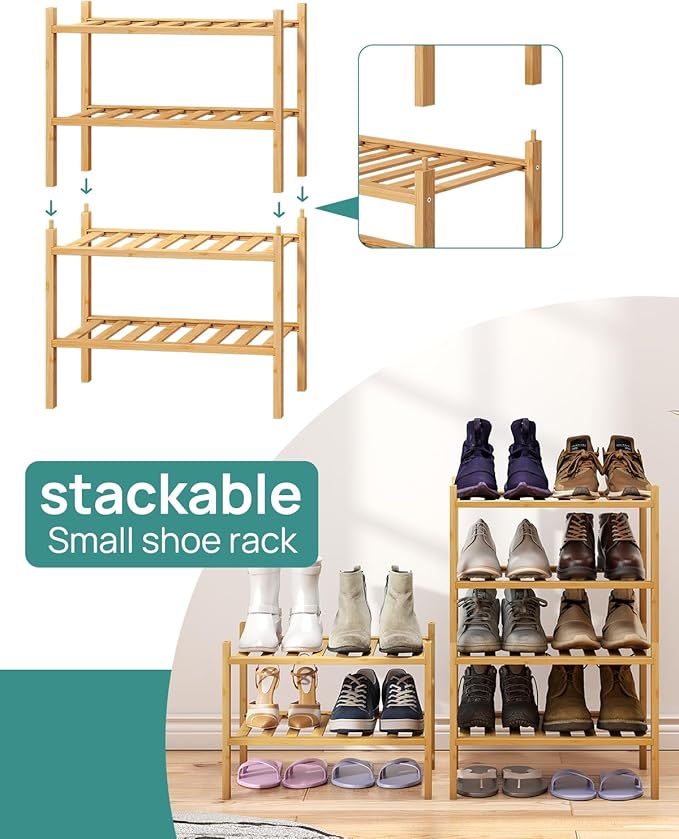 Small Shoe Rack, 4-Tier Rack for Entryway, Bamboo Wood Shoe Shelf for Closet & Hallway, Long 17 in | Beautiful | Functional | Sturdy | Durable
