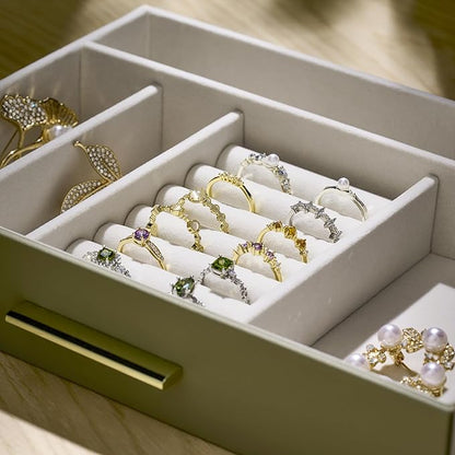 Jewelry Box Organizer Case for Women: 4-Layer Jewelry Storage Case with Glass Window, Olive Green Leather with Cream Velvet, Holder for Ring Necklace Bracelet Brooch Watch, Great Gift for Her
