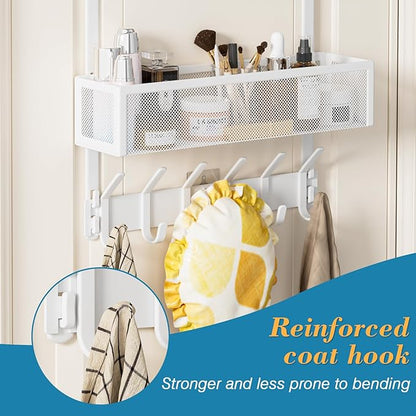 Aimeaihe Over The Door Hooks Organizer, Over Door Storage with 12 Coat Hooks and 2 Mesh Basket, Bathroom Door Organizer Towel Rack Back of Door Hanger Organizer for Bedroom, Kitchen(White)