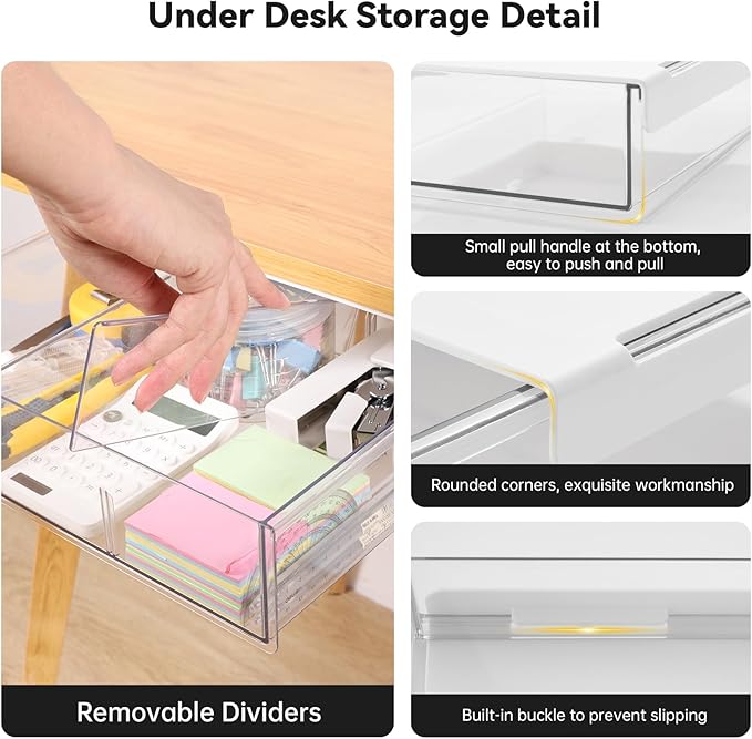OTraki Under Desk Table Drawer Storage Organizer 3 Pack Large & Medium & Small Under Desk Storage Drawers Slide Out Self-Adhesive Amount Drawer Attach for Office, Home, School (S/M/L)