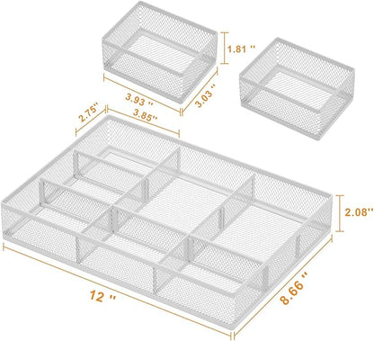 Marbrasse 3 Packs White Desk Drawer Organizers,Drawer Organizer Tray with 9 Adjustable Compartments,Junk Drawer for Makeup & Vanity, Office Desk Supplies and Accessories（White）
