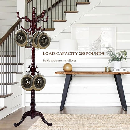 Wood Coat Rack Freestanding, Natural Coats Tree Stand with 14 Hooks, 73" Sturdy and Easy Assembly Coat Rack Stand for Entryway, Hallway, Bedroom, Bags, Hats (Tri-legged Base, Rosewood)