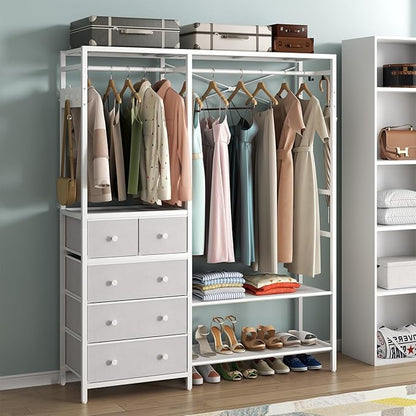 Auromie Clothes Rack with 5 Drawers & 4 Storage Shelves, 59.1W*70.9H Heavy Duty Clothing Rack with 2 Hanging Rods, Wardrobe Closet Organizer System with 5 Hooks, Freestanding Garment Rack (White)