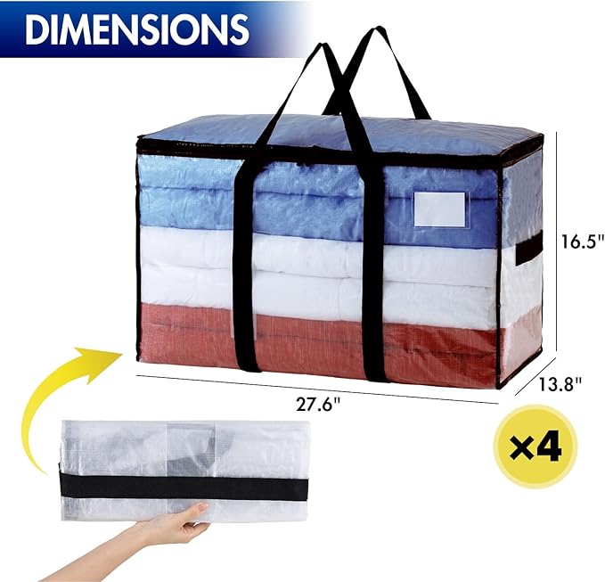 TAILI Extra Large Moving Bags, 4 Pack Clear Heavy Duty Totes for Storage with Visible Window, Wrap Around Handles, Storage Bags for Space Saving, Alternative to Moving Boxes