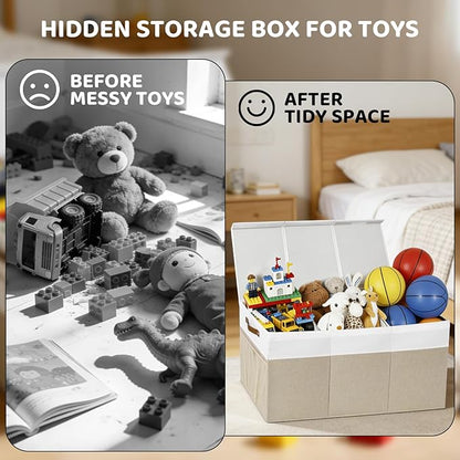 Extra Large Toy Chest,Foldable Storage Box, Large Storage Bins With Lids, Suitable for living rooms, studies, bedrooms(40"X18"X14",White & Beige)