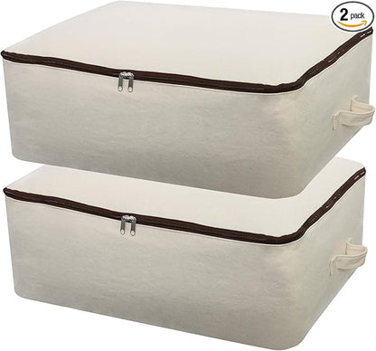 2PCS Canvas Storage Bag, 12OZ Thick Soft Breathable Closet Organizer for Beddings, Comforters, Pillows, Blankets, Clothes, 25.6×18.5×8.7inch, Beige