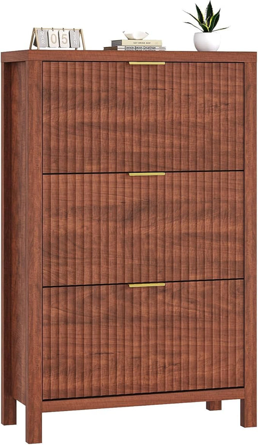 YOMILUVE Shoe Cabinet Storage for Entryway, Fluted Shoe Cabinet with 3 Flip Drawers, Hidden Shoe Rack Tall Freestanding Shoe Organizer with Legs for Hallway, Walnut