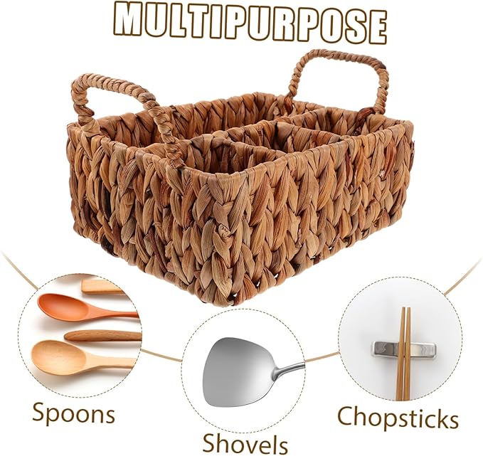 Woven Storage Basket for Tableware Divided Hyacinth Cutlery Organizer Practical Silverware Basket for Kitchen and Dining Natural Material Rustic Home Decor