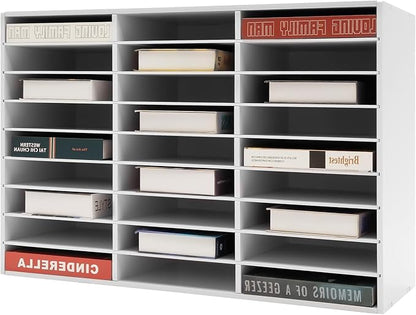 Literature Organizers, 27 Compartments Office Mailbox with Adjustable Shelves, 9 Layer Mail Organizer for Home School Offices, Wood Literature Sorter 32x12x22 for Office(White, 27 Slots)
