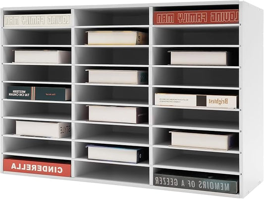 Literature Organizers, 27 Compartments Office Mailbox with Adjustable Shelves, 9 Layer Mail Organizer for Home School Offices, Wood Literature Sorter 32x12x22 for Office(White, 27 Slots)