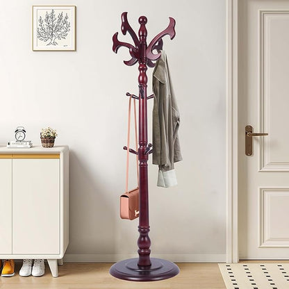 73”Vintage Wooden Coat Rack，With 14 Hooks and Sturdy Round Base.Sturdy and Durable Standing Coat Racks，Adjustable Wooden Freestanding Coat Rack for Porch，Bedrooms (Mahogany) (fishtail, 1 PCS)