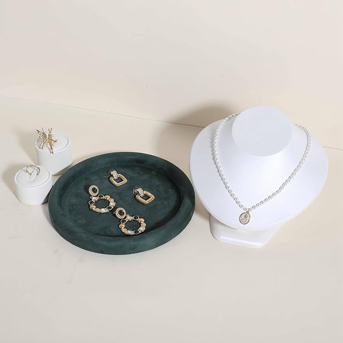GemeShou Round Jewelry Organizer Plate, Top Microfiber Velvet Jewelry Display Tray, Empty Jewelry Showcase Tray for Necklaces, Bracelets, Rings, Earrings (Green-Medium, 7.9 x 7.9 in)