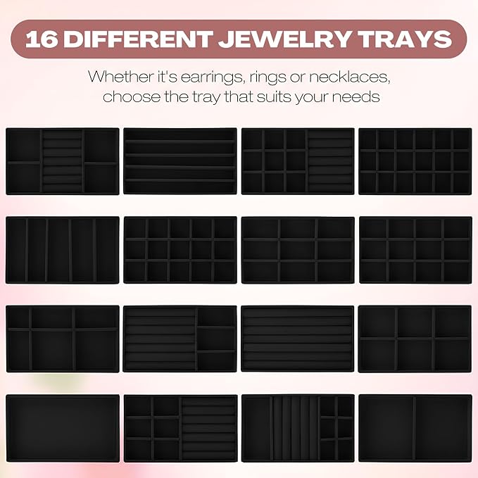 Landical 16 Pcs Stackable Jewelry Organizer for Drawer Velvet Jewelry Tray with Dividers Earring Holder & Ring Display Box Fits 8.4 x 5 x 1 Drawer Necklace Storage for Women, Girls,16 Styles (Black)