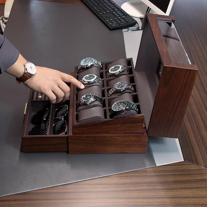 High End Watch Box for Men, 12 Slot Wooden Watch Case With Drawer, Watch Display Box with Glass Lid, 2-Layer Watch Holder for Jewelry and Watch Storage for Men Women , Ideal for Gift (With Gift Box)