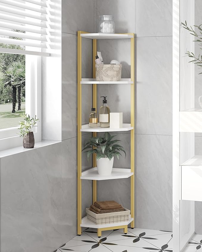 Corner Shelf Stand, Corner Bookshelf, Storage Standing Shelf Unit with Metal Frame, Plant Stand, Corner Bookcase for Living Room, Home Office, Bedroom, 5-Tier White Gold CS05903A