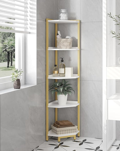 Corner Shelf Stand, Corner Bookshelf, Storage Standing Shelf Unit with Metal Frame, Plant Stand, Corner Bookcase for Living Room, Home Office, Bedroom, 5-Tier White Gold CS05903A