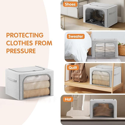 Large Size 66L 3 Pack Openings Clothes Storage Bins with Metal Frame, Stackable & Foldable Linen Storage Box with Lids, Closet Organizers, Blanket, Sweater, Baby Clothes (19.7x 15.75 x 13 Inches)