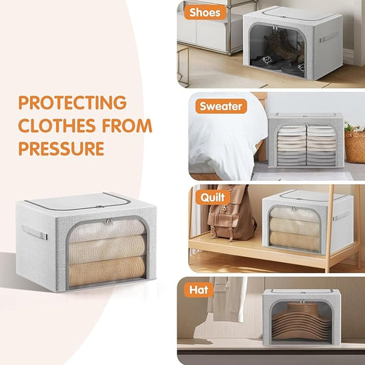 Large Size 66L 3 Pack Openings Clothes Storage Bins with Metal Frame, Stackable & Foldable Linen Storage Box with Lids, Closet Organizers, Blanket, Sweater, Baby Clothes (19.7x 15.75 x 13 Inches)