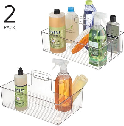 mDesign Large Plastic Divided Portable Storage Organizer Caddy Tote Basket Bin with Handle for Kitchen, Pantry, Countertop, Cabinet, Cupboard - Ligne Collection - 2 Pack - Clear