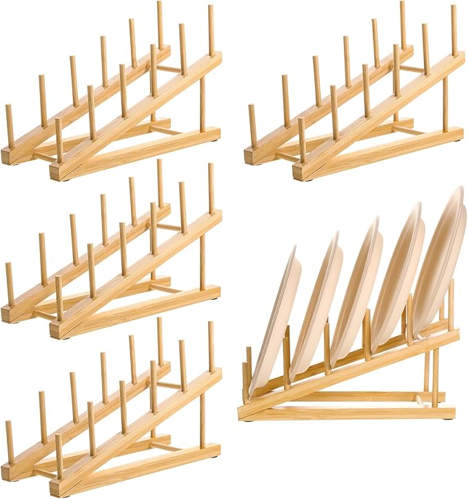Zelphvt 5 Pack Wooden Dish Rack Wooden Plate Stands for Display Multi Tier Plate Holder Cabinet Organizer, Craft Show Vendor Counter Display Rack for Tabletop Book, Art Prints and Platter