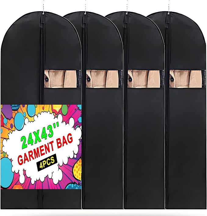 Garment Bag, 24'' x 43'' Suit Bag, 4 Packs, Dress Bags for Gowns, Garment Bags for Travel, Travel Garment Bag, Garment Bags for Hanging Clothes, Washable Suit Cover for Suits, Coats (Black)