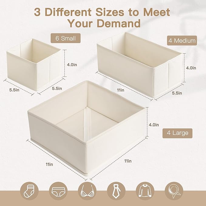 Criusia Drawer Organizer Clothes, 14 Pack Dresser Organizer for Baby Clothes, Underwear, Sock- Foldable Closet Organization and Storage Dividers Bins for Nursery, Bedroom and Dorm (Beige)