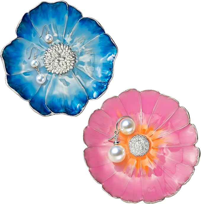 LARAINE Jewelry Dish Display Trinket Tray Flower Home Decorative Organizer Gift Necklace Earring Rings Holder Storage 3.15" (2 Piece Set (Pink+Blue))