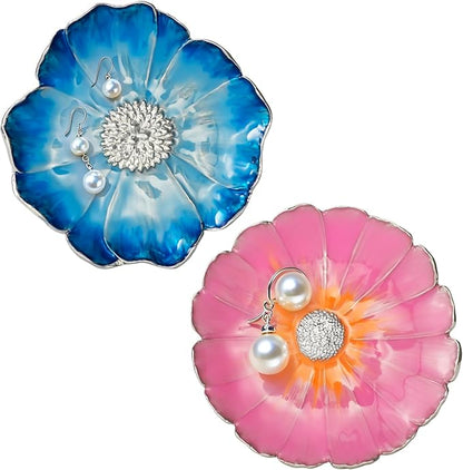 LARAINE Jewelry Dish Display Trinket Tray Flower Home Decorative Organizer Gift Necklace Earring Rings Holder Storage 3.15" (2 Piece Set (Pink+Blue))