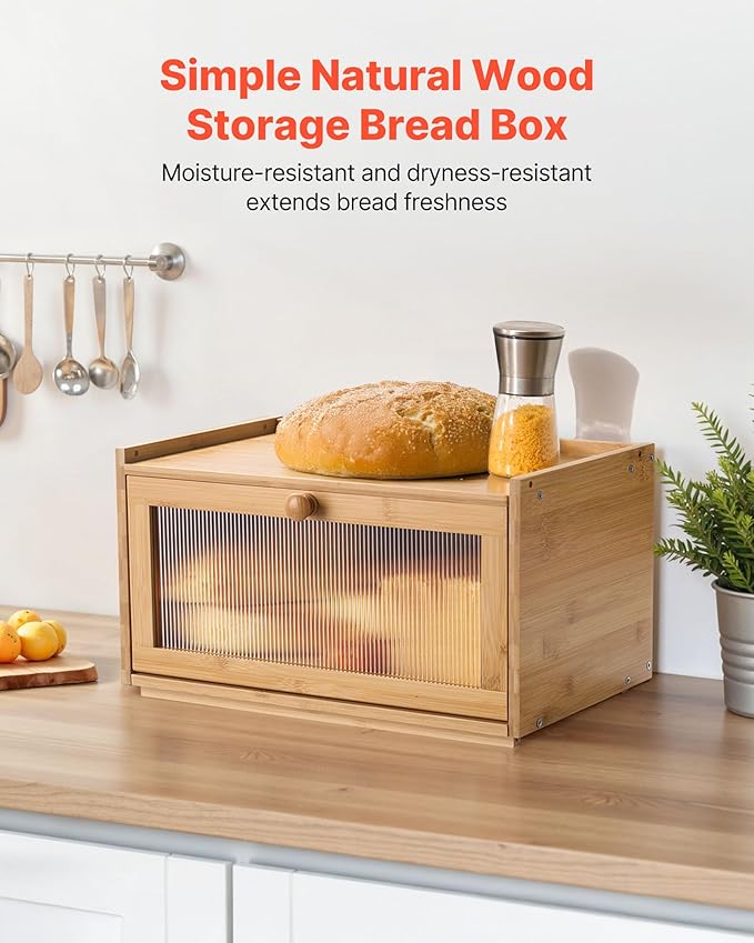 VEVOR Bread Box for Kitchen Counter, Large Capacity Bamboo Bread Storage Container, Farmhouse Wooden Breadbox Organizer for Homemade Bread, Storage Holder Bin with Acrylic Wavy Door Panel, Natural