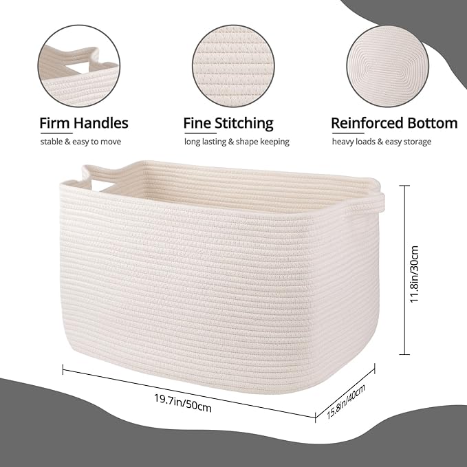 White Storage Baskets for Organizing, Toy Basket Storage Kids, Nursery Cotton Rope Baskets for Living Room, Deorative Organizer Bin Box (White)