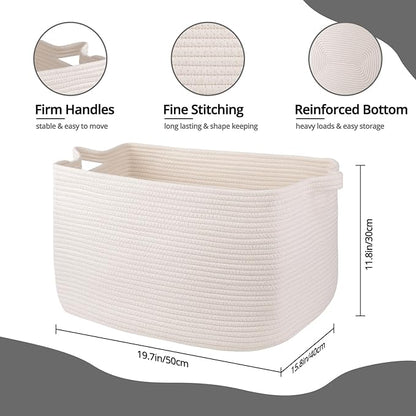 White Storage Baskets for Organizing, Toy Basket Storage Kids, Nursery Cotton Rope Baskets for Living Room, Deorative Organizer Bin Box (White)
