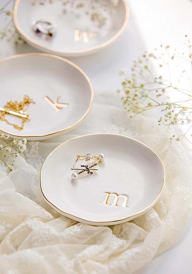 COLLECTIVE HOME - Ceramic Jewelry Tray, Decorative Trinket Dish for Rings Earrings Necklaces Bracelet Watch Keys, Birthday Mother's Day Christmas Gift for Women, 4.75", White Surface (P)