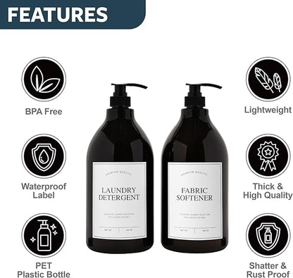 Calindiana Modern Farmhouse Liquid Laundry Detergent and Fabric Softener Dispenser for Laundry Room Decor and Organization, PET Plastic Landry Soap Containers with Water Resistant Labels, Amber 64oz